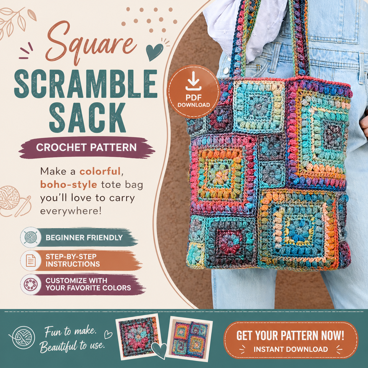 CROCHET PATTERN - Square Scramble Sack - crochet tote bag pattern, boho granny square tote sack pattern, colorful crochet bag - PDF Download