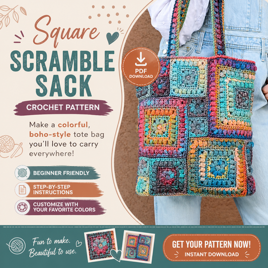 CROCHET PATTERN - Square Scramble Sack - crochet tote bag pattern, boho granny square tote sack pattern, colorful crochet bag - PDF Download