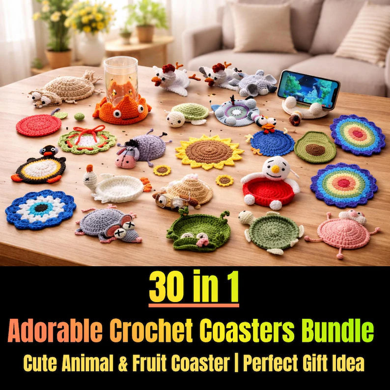 All-in-One Crochet Coaster Pattern Bundle (35+ Designs) | Granny, Animal, Rose & Flower Coasters | Easy Beginner PDF | Instant Download