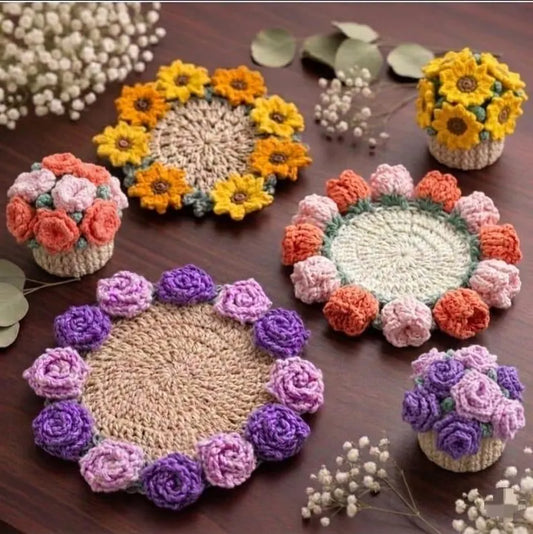 3-in-1 Flower Coaster Crochet Pattern Bundle | Potted Flower Coasters | PDF Digital Download